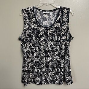 Susan Graver size Large Printed Liquid Knit Sleeveless Top black white dots